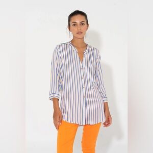 BARILOCHE BONANZA STRIPED Flowy Fit Button Down Shirt | Blue Orange White Tropic